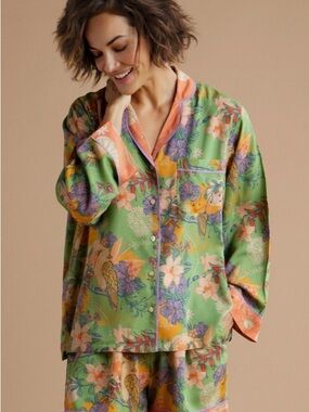 Green Floral Satin Pajama Top with Peach Trim and matching shorts